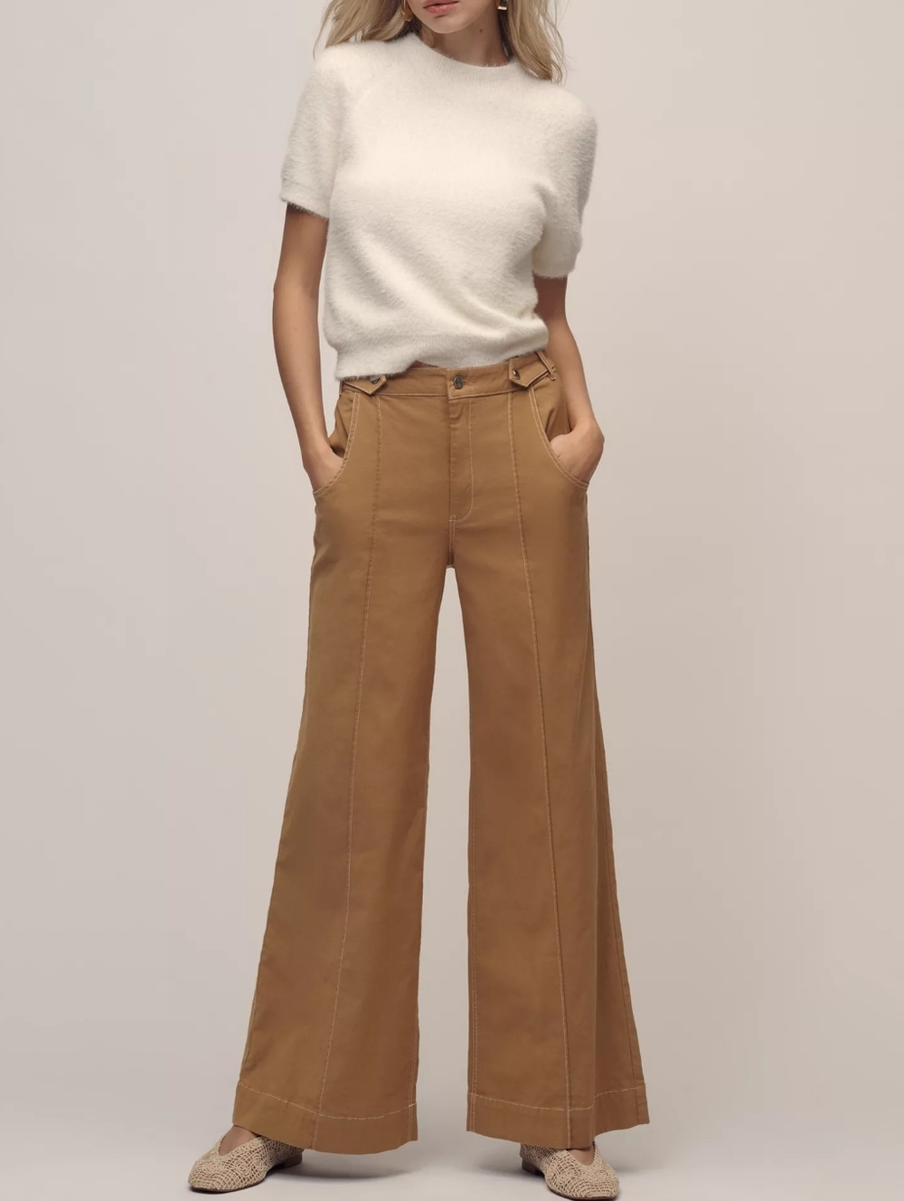 Anthropologie Maeve Linen Cotton Contrast Stitch High-Rise Wide-Leg Pants Size 6